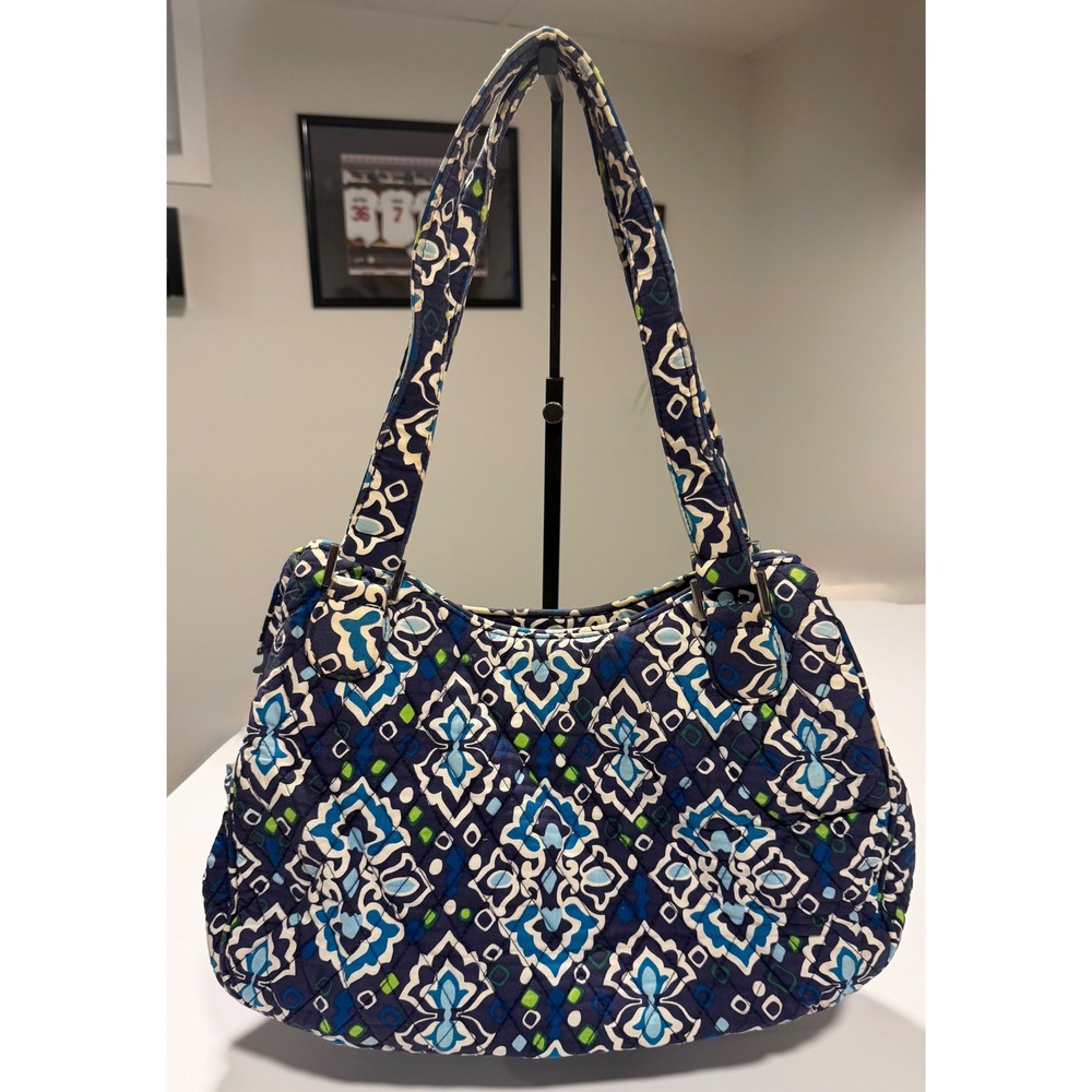 Vera Bradley Mediterranean Blue Quilted Cotton Triple Zip Shoulder Bag Tote
